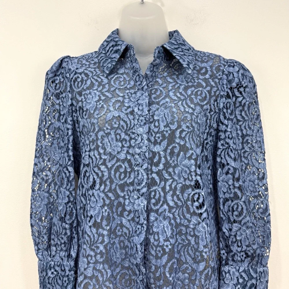 L'Agence Andrea Lace Button Front Blouse S Blue Sheer Feminine Dainty